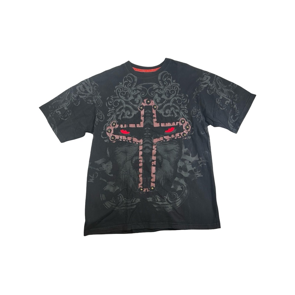 Red Ape Attitude Mens Large Black Graphic T-Shirt Y2K Cross Studded Print